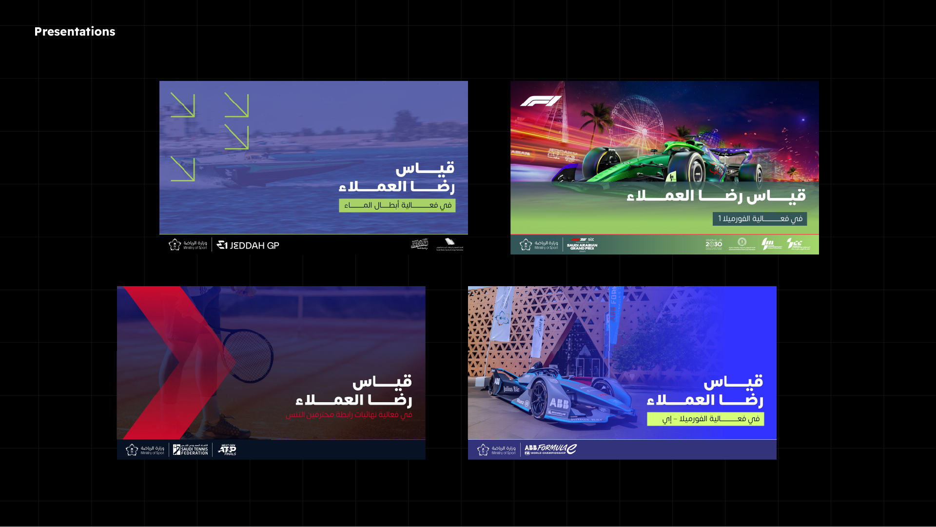 Customer satisfaction presentation covers for Ministry of Sport events: F1, Formula E, ATP and powerboat