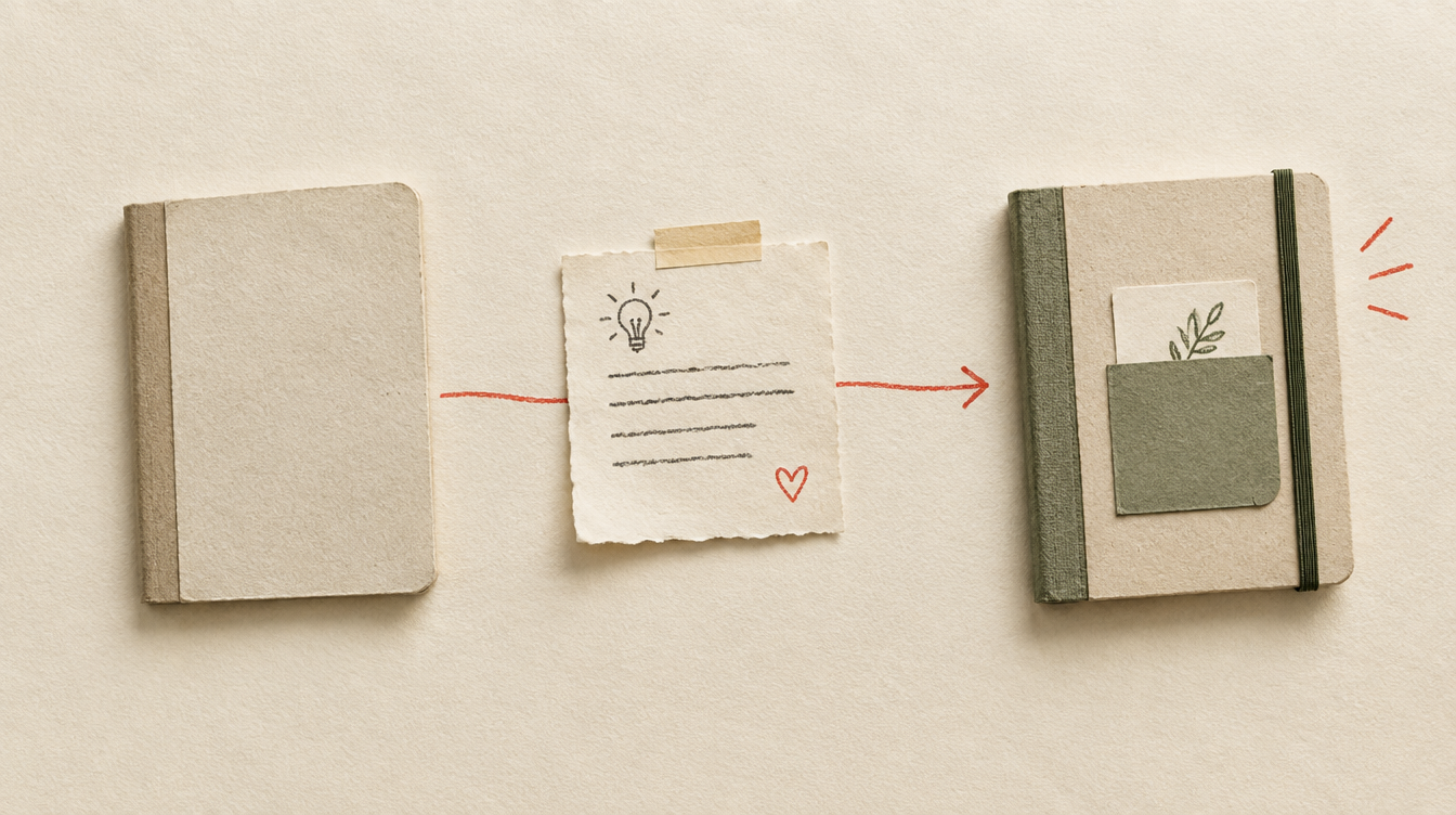 A plain notebook, a customer note, and an improved notebook