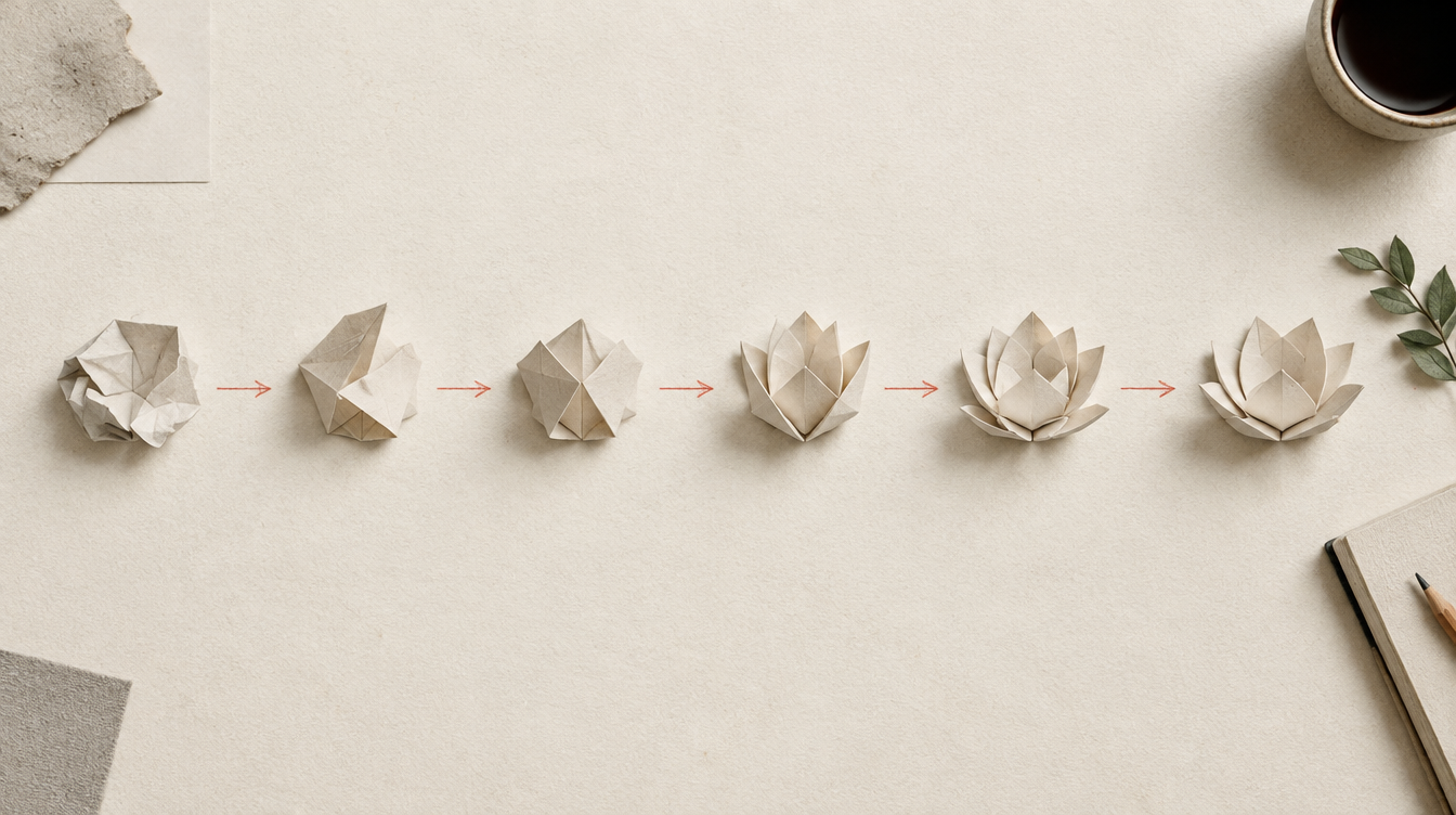 A sequence of folded paper forms becoming more defined